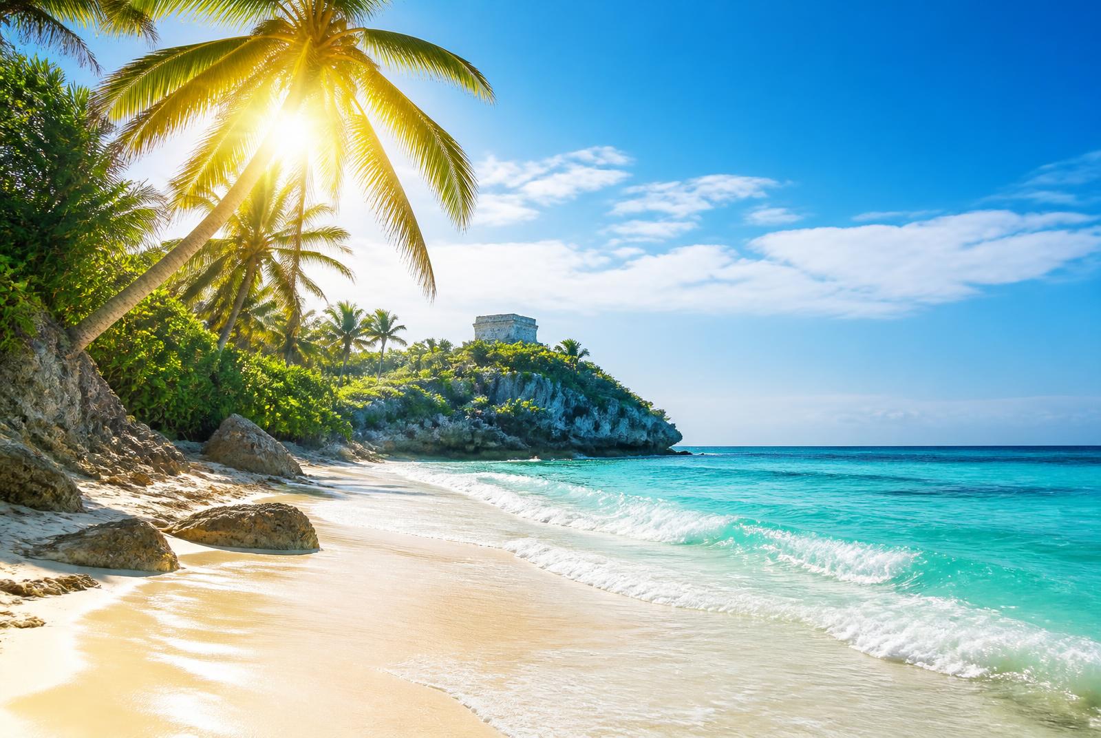Sunlit turquoise Caribbean beach and palms in Tulum, México